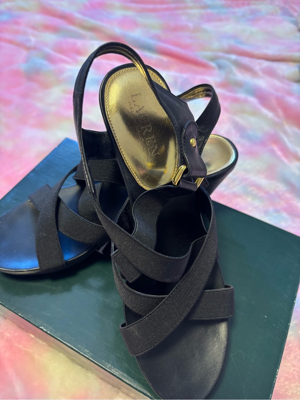 Polo by Ralph Lauren Black Elastic Crossover Wedge Sandals